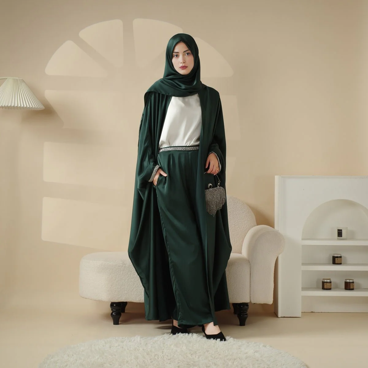 Abaya With Satin Shirt And Rhinestone Trousers | 4-Piece Set Abaya (MOA060) - Image 17