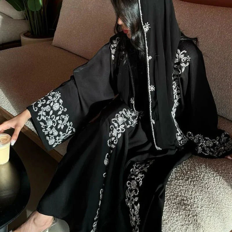 Luxury Black Embroidered Diamond Abaya Set (MOA184) - Image 11