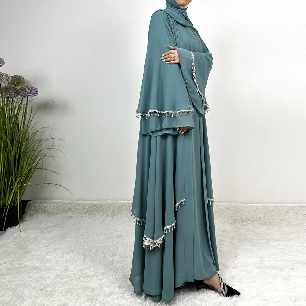 Diamond Beaded Fringe Flare Sleeve Chiffon Maxi Abaya Set (MOA148) - Image 14