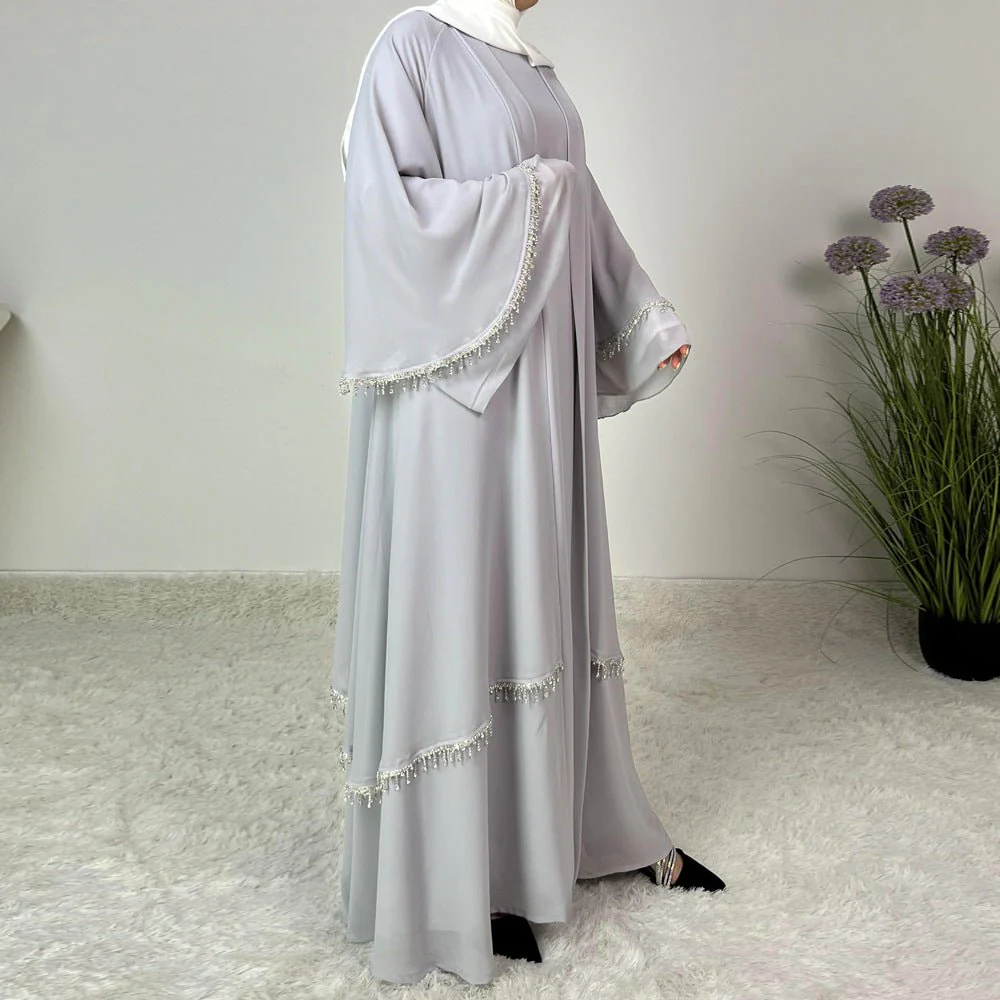 Diamond Beaded Fringe Flare Sleeve Chiffon Maxi Abaya Set (MOA148) - Image 8