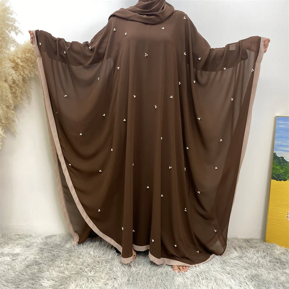 Elegant Chiffon Abaya With Batwing Sleeve | Loose Robe Abaya With Pearl Embellishments (MA183) - Image 24