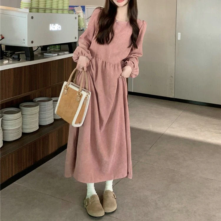 French Corduroy Lantern Sleeve Maxi Dress | Elastic Cuff Gathered Dress(MS206) - Image 4