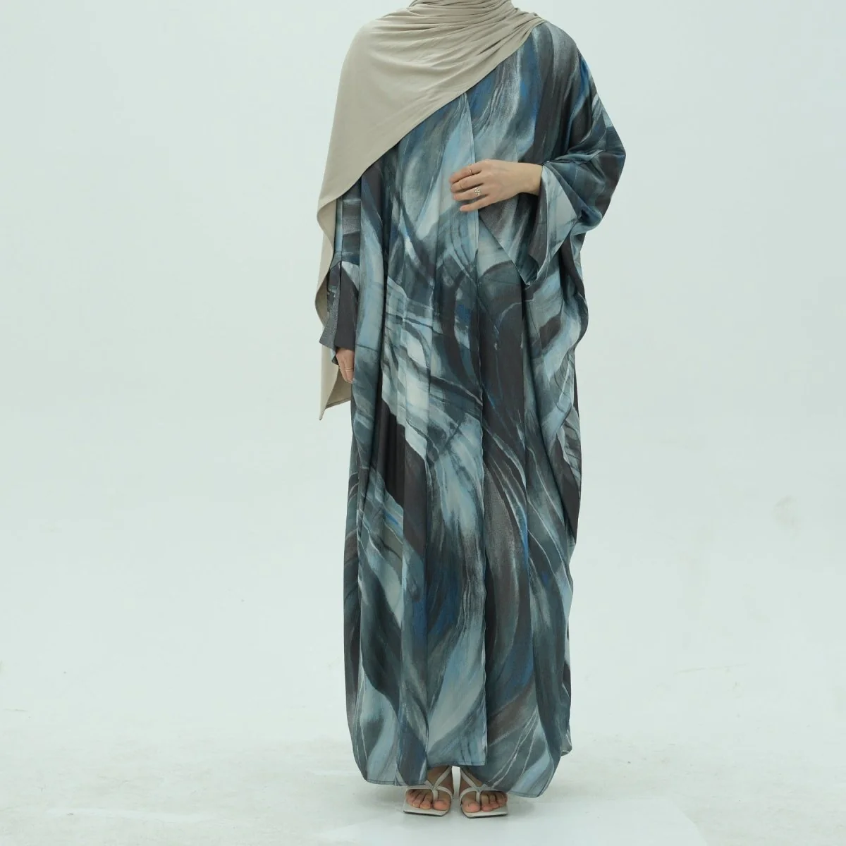 Modest Luxury Watercolor Print Cardigan Abaya | Blue-Grey Abstract Art Robe with Flowing Silhouette (MOA172) - Image 11