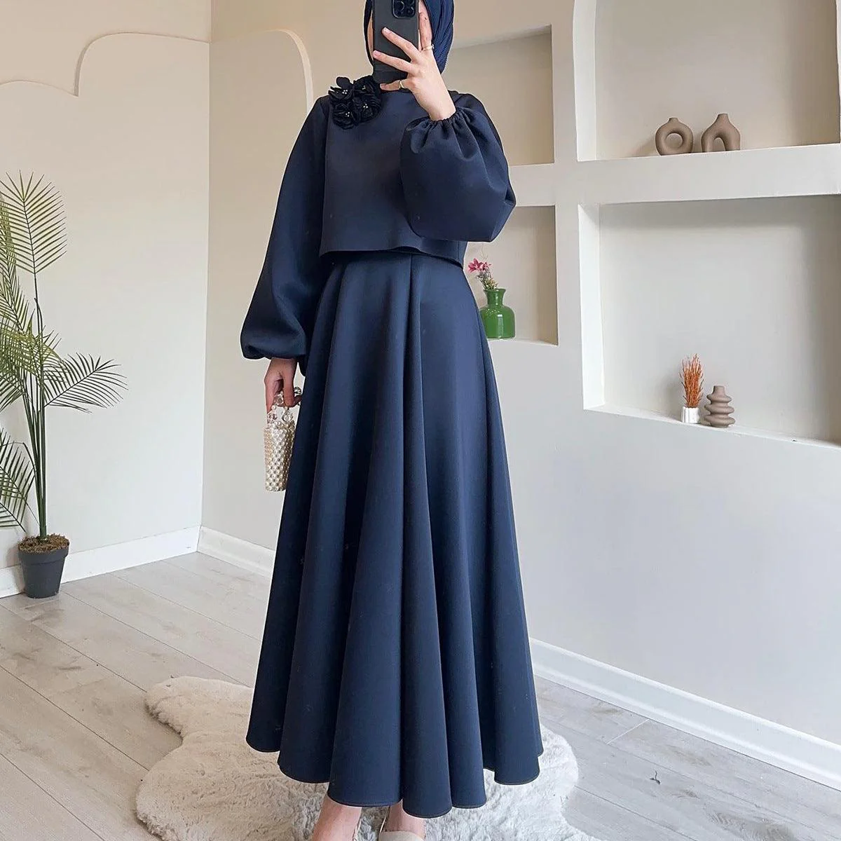 MS023 Floral Lantern Sleeve Loose Dress Women's Skirt Two-Piece Set - Image 8