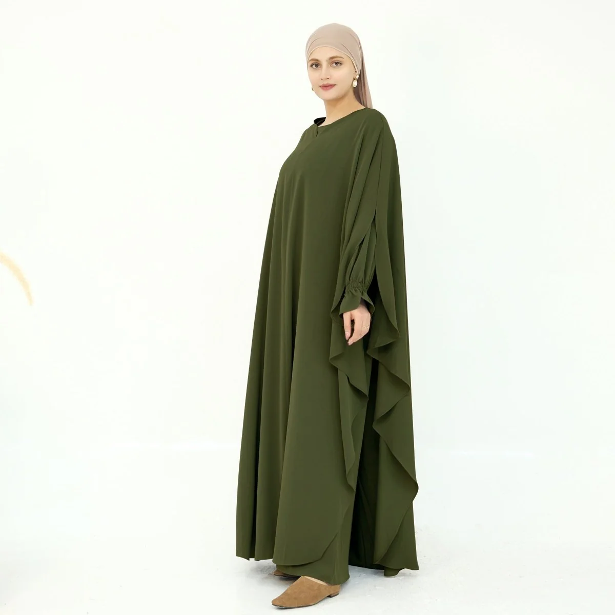 Solid Color Modest Robe Dress Two-Piece Set – Muslim Abaya with Puff Sleeves(MA275) - Image 29