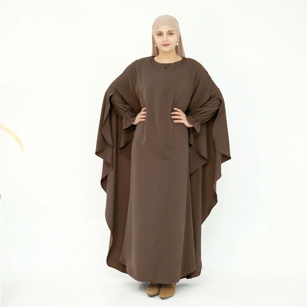 Solid Color Modest Robe Dress Two-Piece Set – Muslim Abaya with Puff Sleeves(MA275) - Image 9